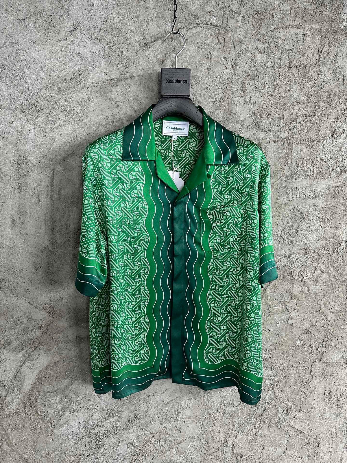 Green Wave Print Silk Shirt - Men's