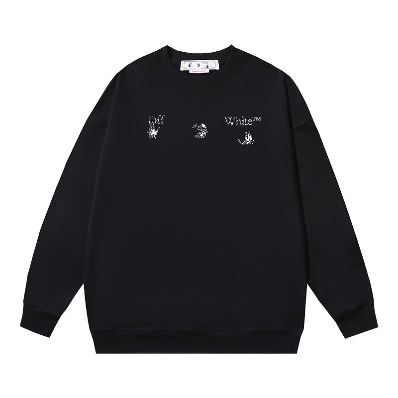 Black Cotton Motif Print Crewneck - Men's