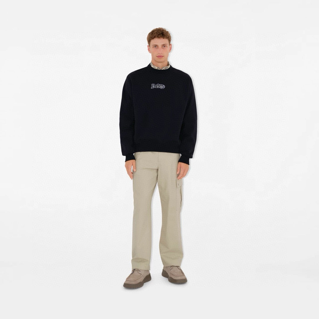 Black Cotton Chest Logo Crewneck - Men's