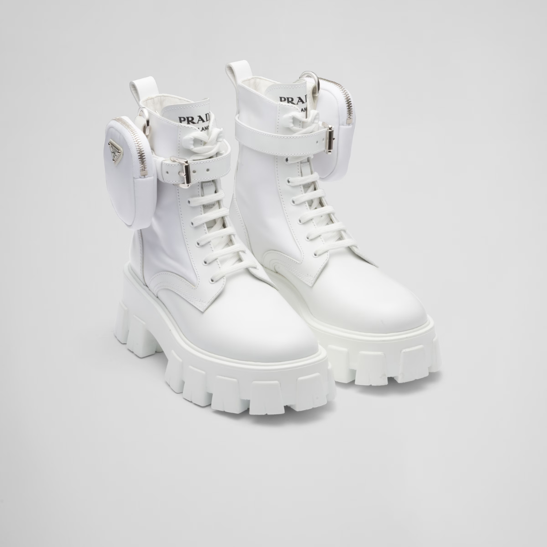 Monolith leather and Re-Nylon boots with pouch – a removable pouch featuring the iconic enameled metal triangle logo decorates – LUX VERSE Luxury Designer Fashion Outlet