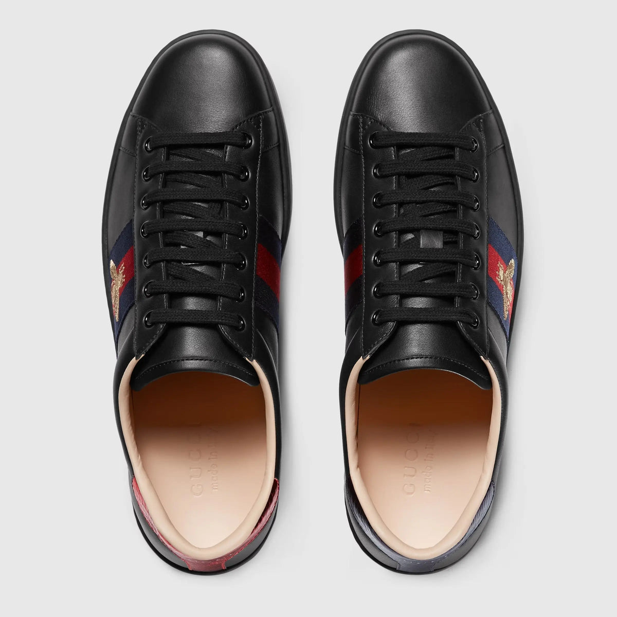 Ace Embroidered Sneaker – black leather with red leather detail on the heel of one shoe and blue on the other – LUX VERSE Luxury Designer Fashion Outlet