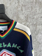 Navy Wool Crest Intarsia Crewneck - Men's