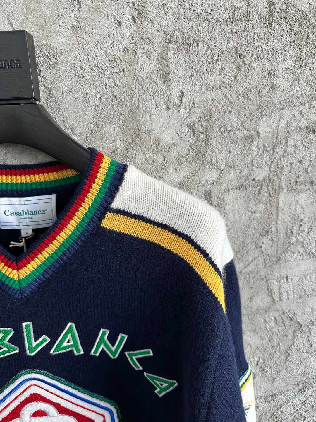 Navy Wool Crest Intarsia Crewneck - Men's
