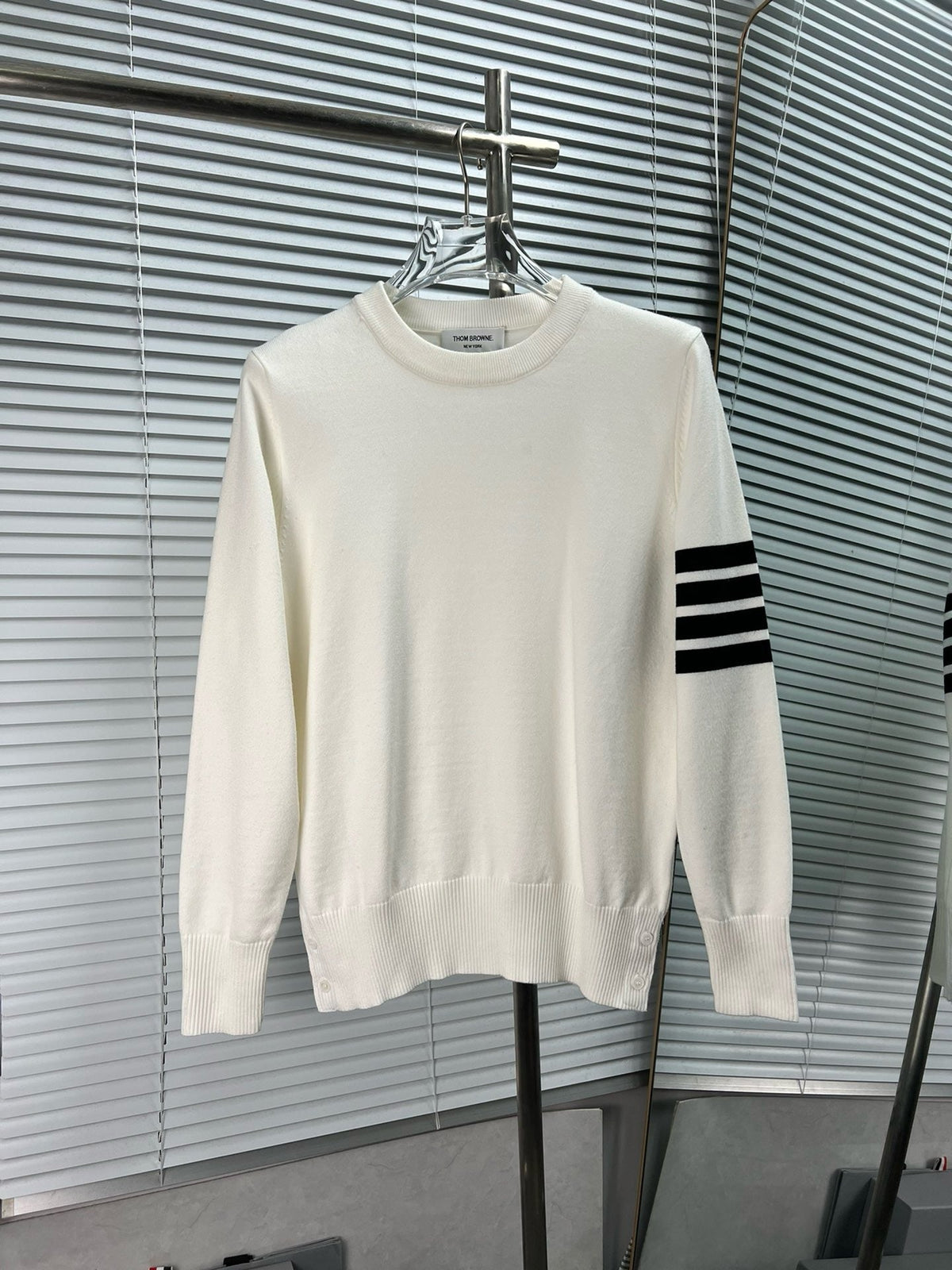 4-Bar Crewneck Cream Sweater - Men's