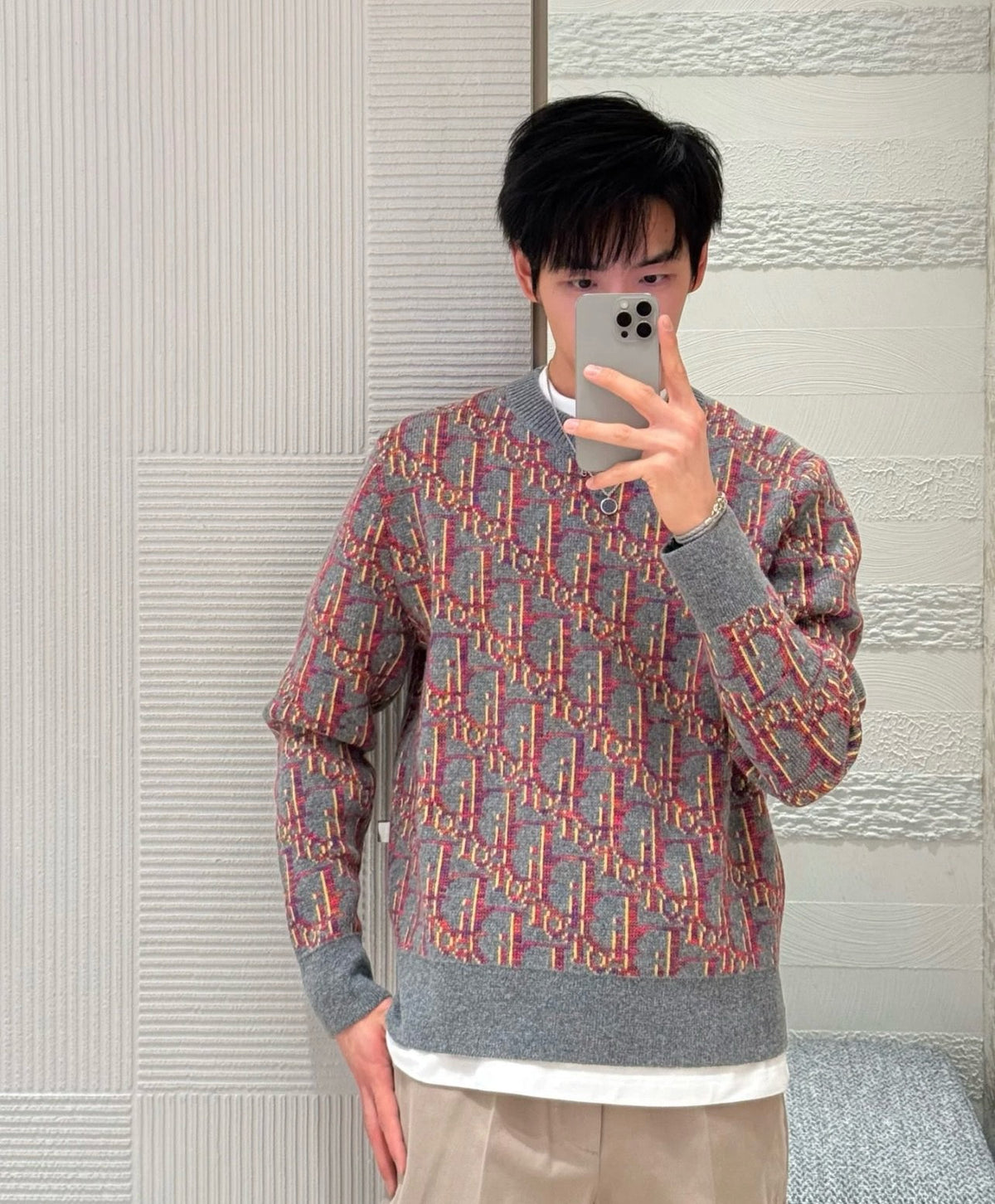 Orange Jacquard Pattern Crewneck - Men's