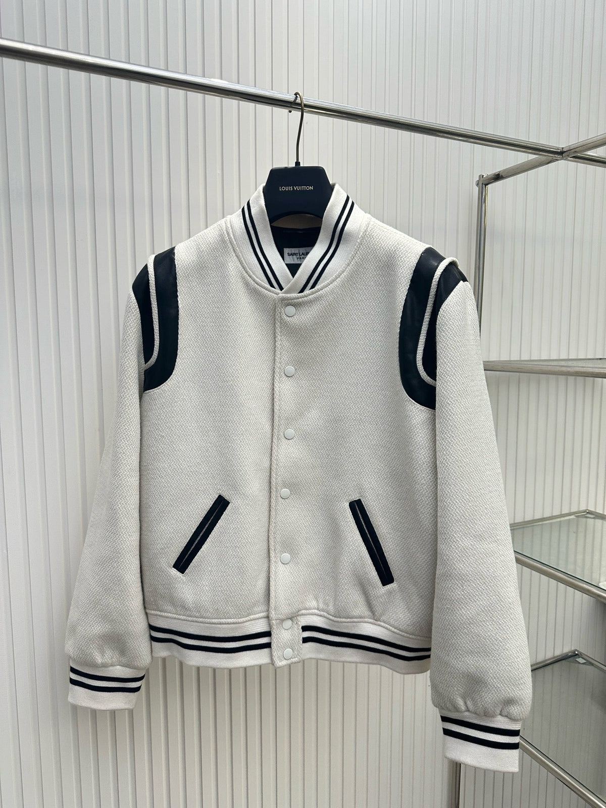 Navy Wool Striped Trim Varsity - Men's