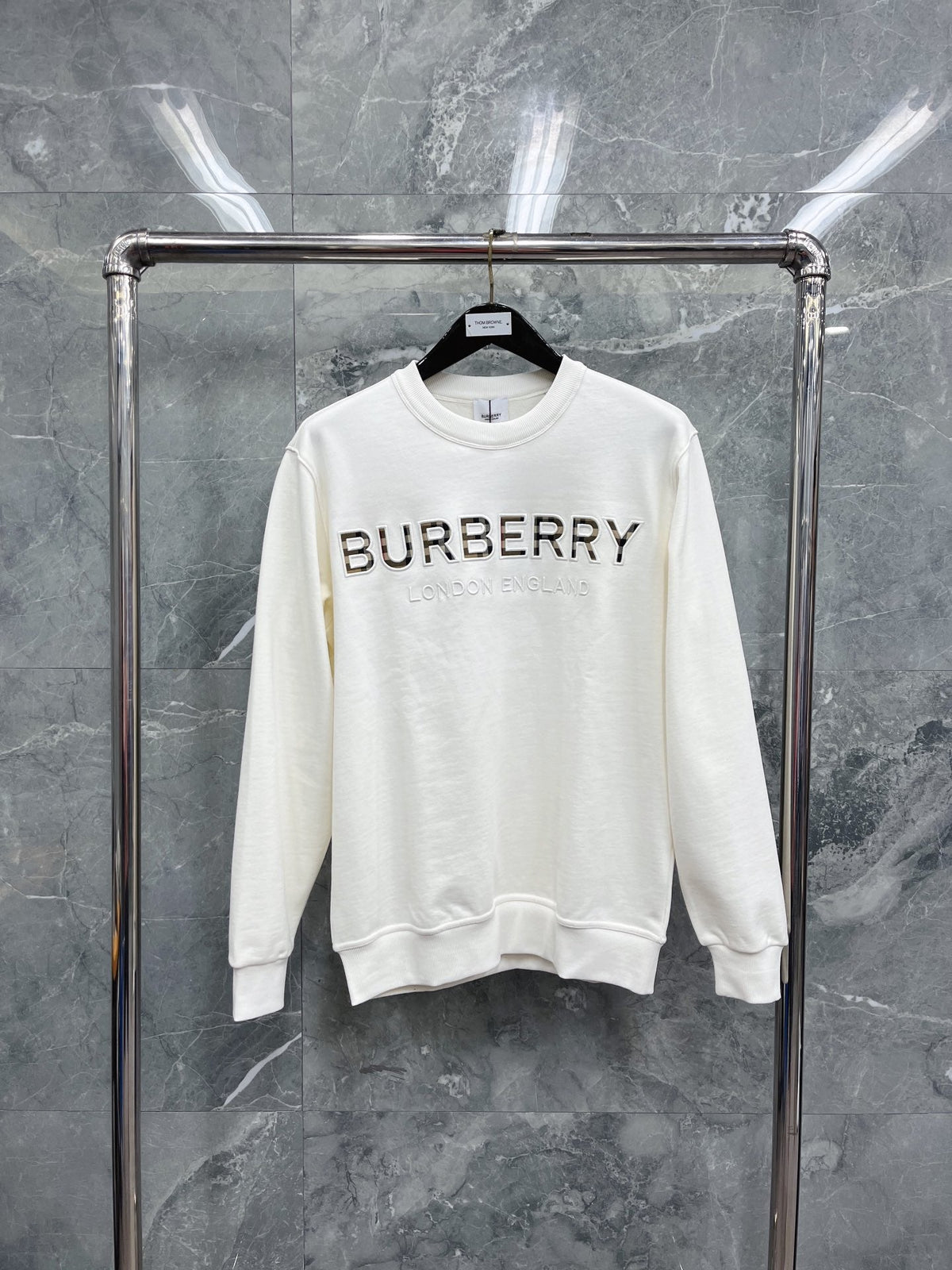 Navy Cotton Embossed Text Crewneck - Men's