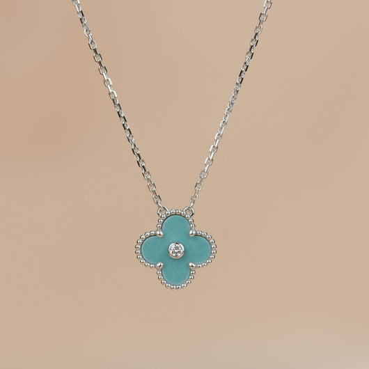 CLOVER 15MM DIAMOND SÈVRES PORCELAIN  NECKLACE SILVER