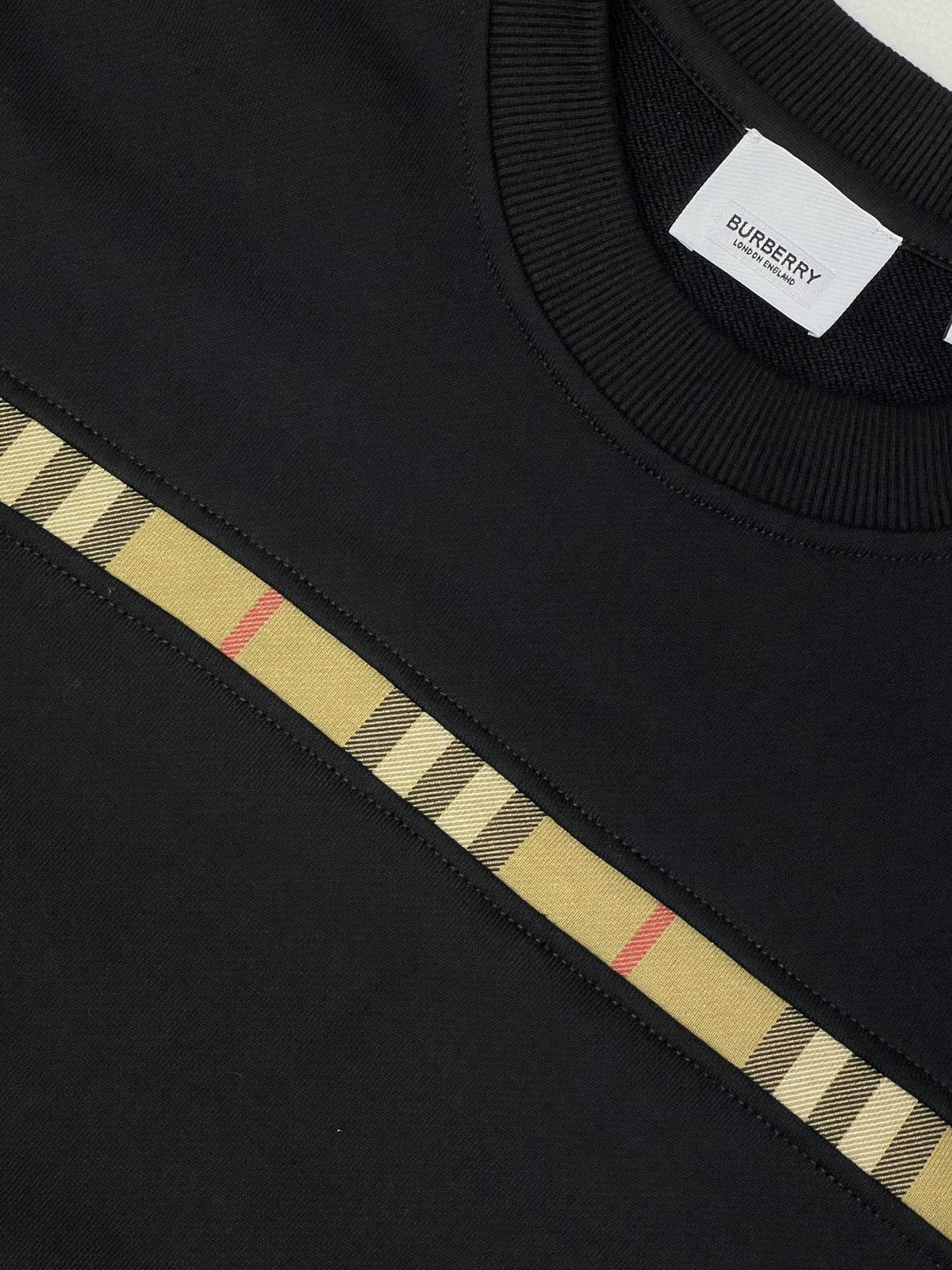 Black Cotton Check Stripe Crewneck - Men's