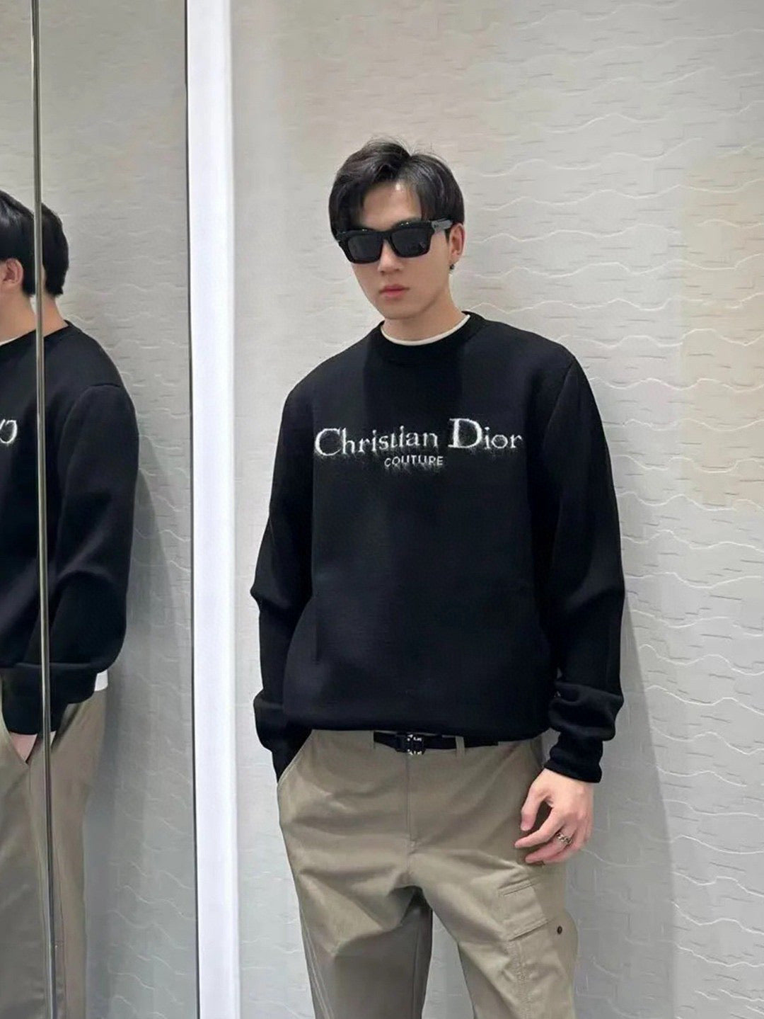 Black Wool Text Logo Crewneck - Men's