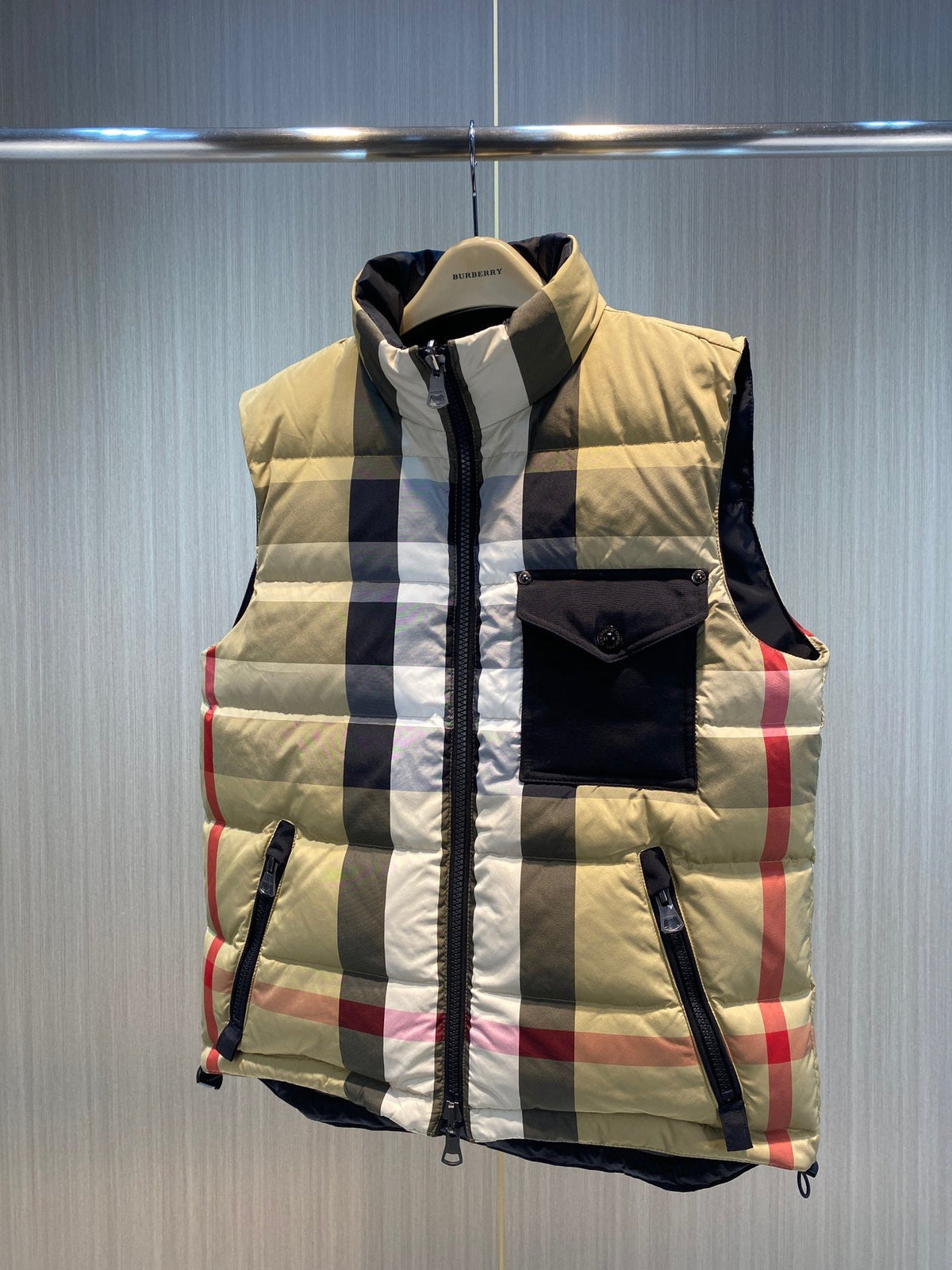 Beige Nylon Check Gilet - Men's