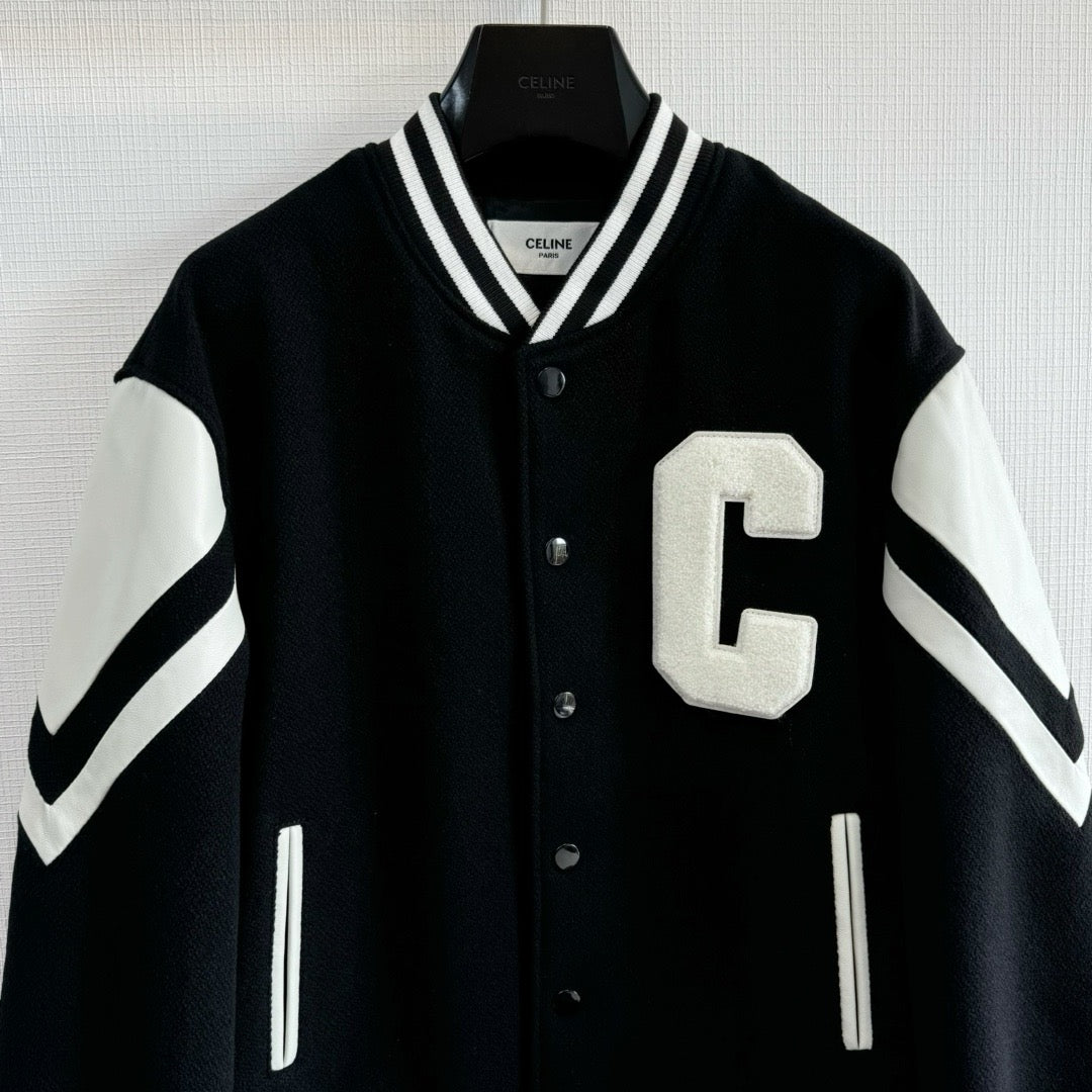 Black Wool Contrast Sleeve Varsity - Men's