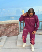 Burgundy Cotton Tonal Print Joggers - Men's