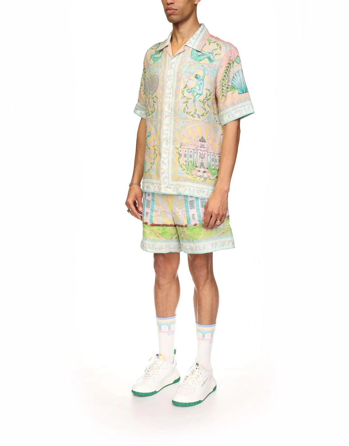 Cream Scenic Print Silk Shirt - Men's