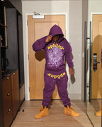 Purple Cotton Text Print Joggers - Men's