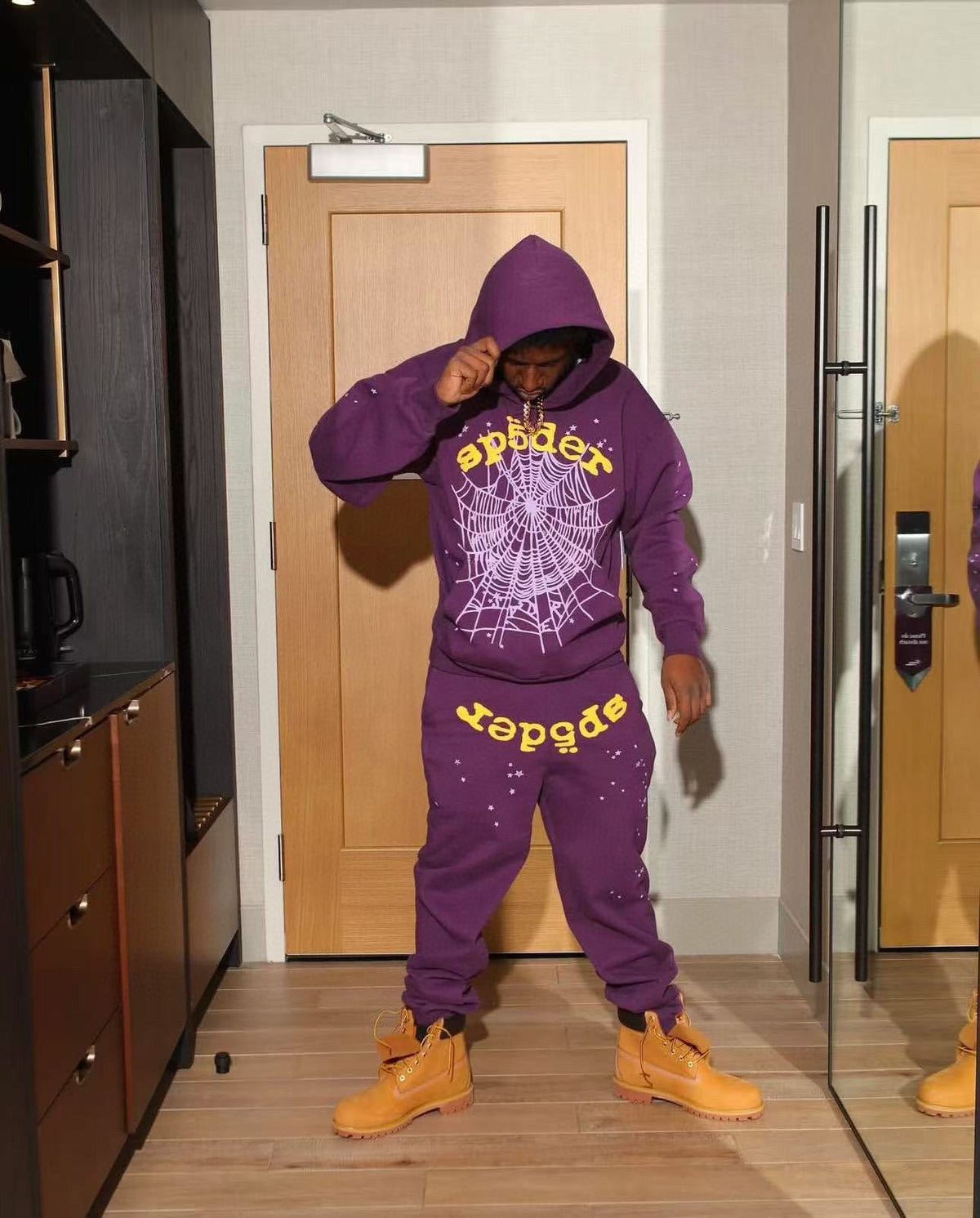 Purple Cotton Text Print Joggers - Men's