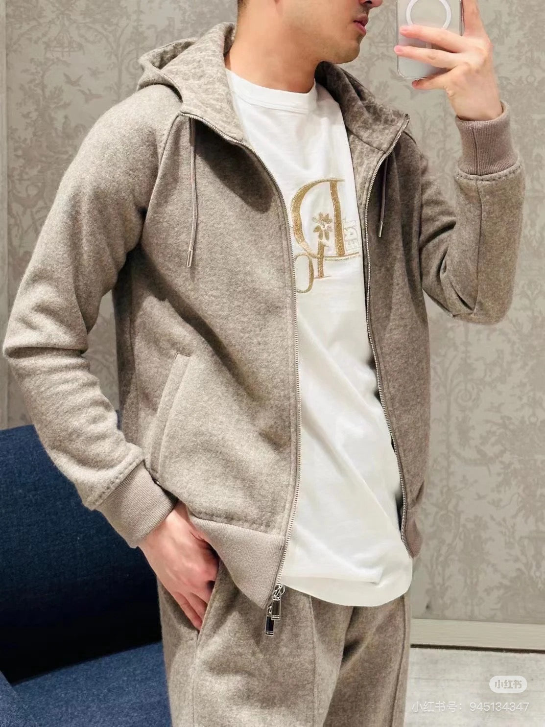 Grey Cotton Plain Zip-Through - Men's
