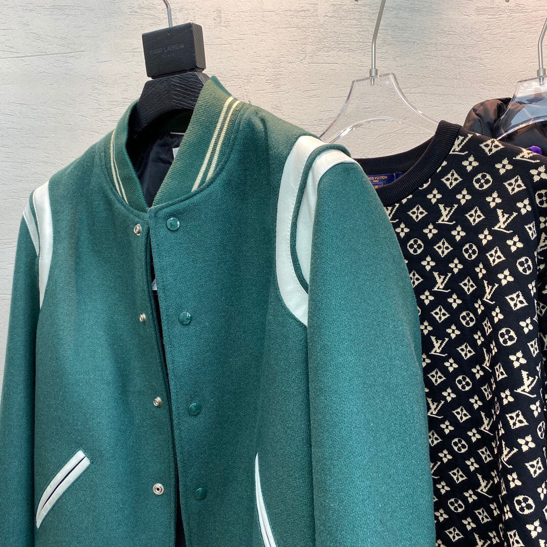 Green Wool Contrast Sleeve Varsity - Men's