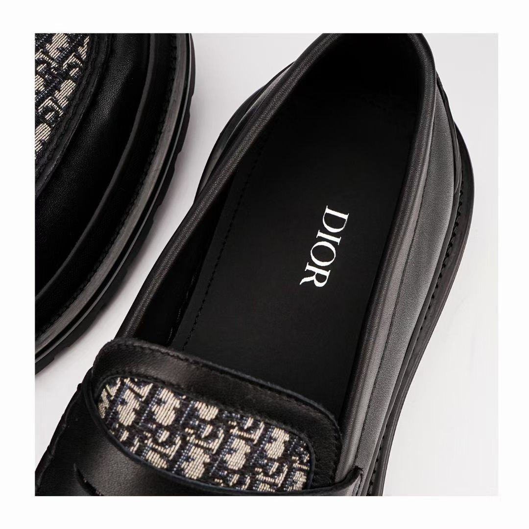 Black Leather Monogram Strap Loafer - Men's