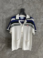Navy Striped Yoke Knit Polo Shirt - Men's