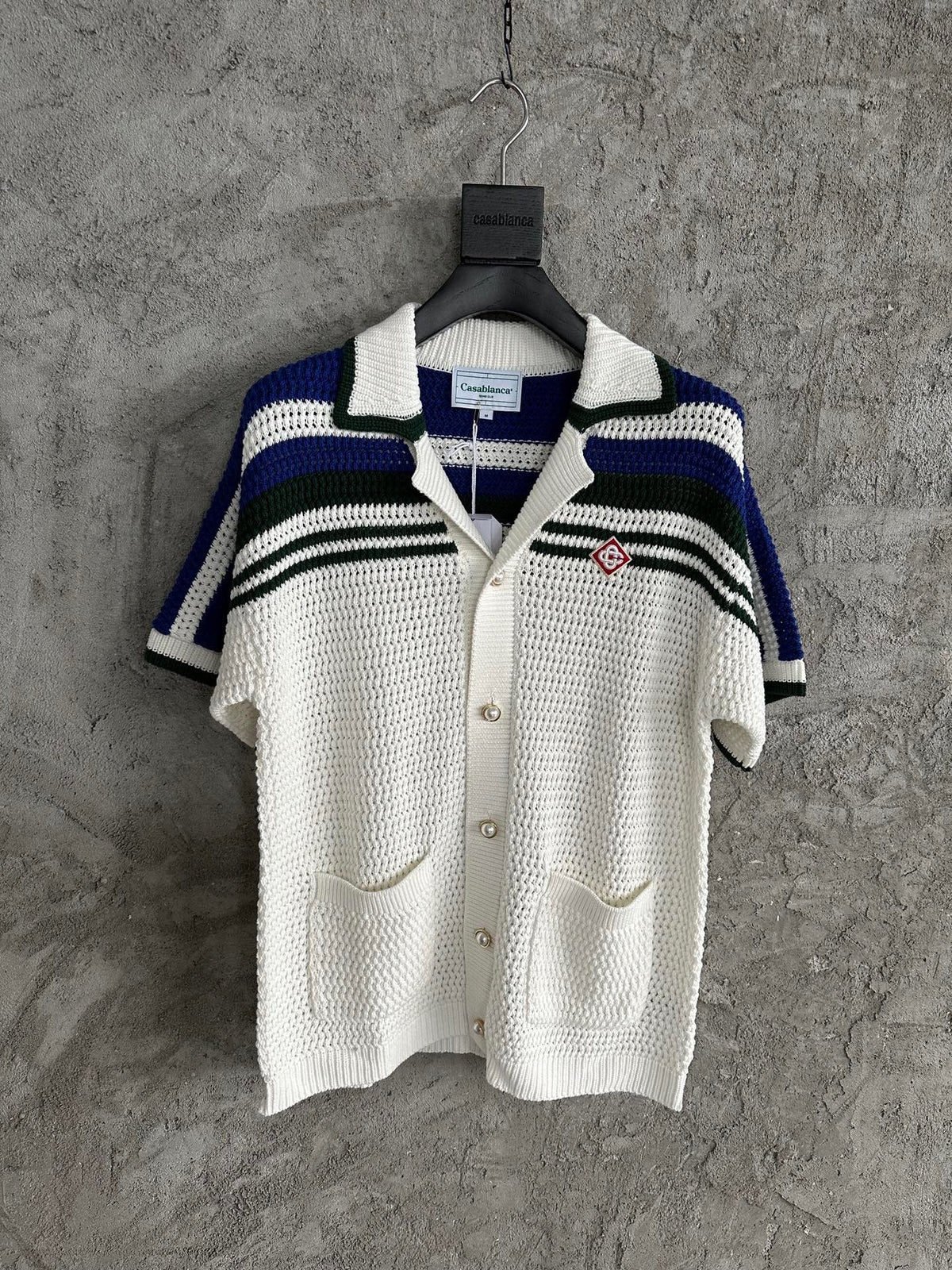 Navy Striped Yoke Knit Polo Shirt - Men's