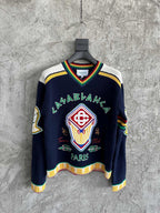 Navy Wool Crest Intarsia Crewneck - Men's
