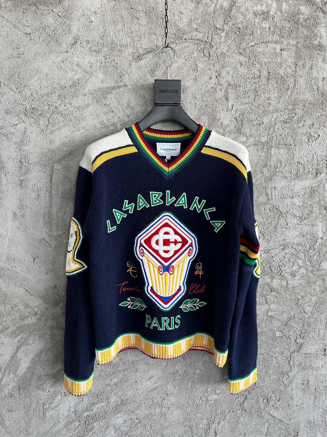 Navy Wool Crest Intarsia Crewneck - Men's