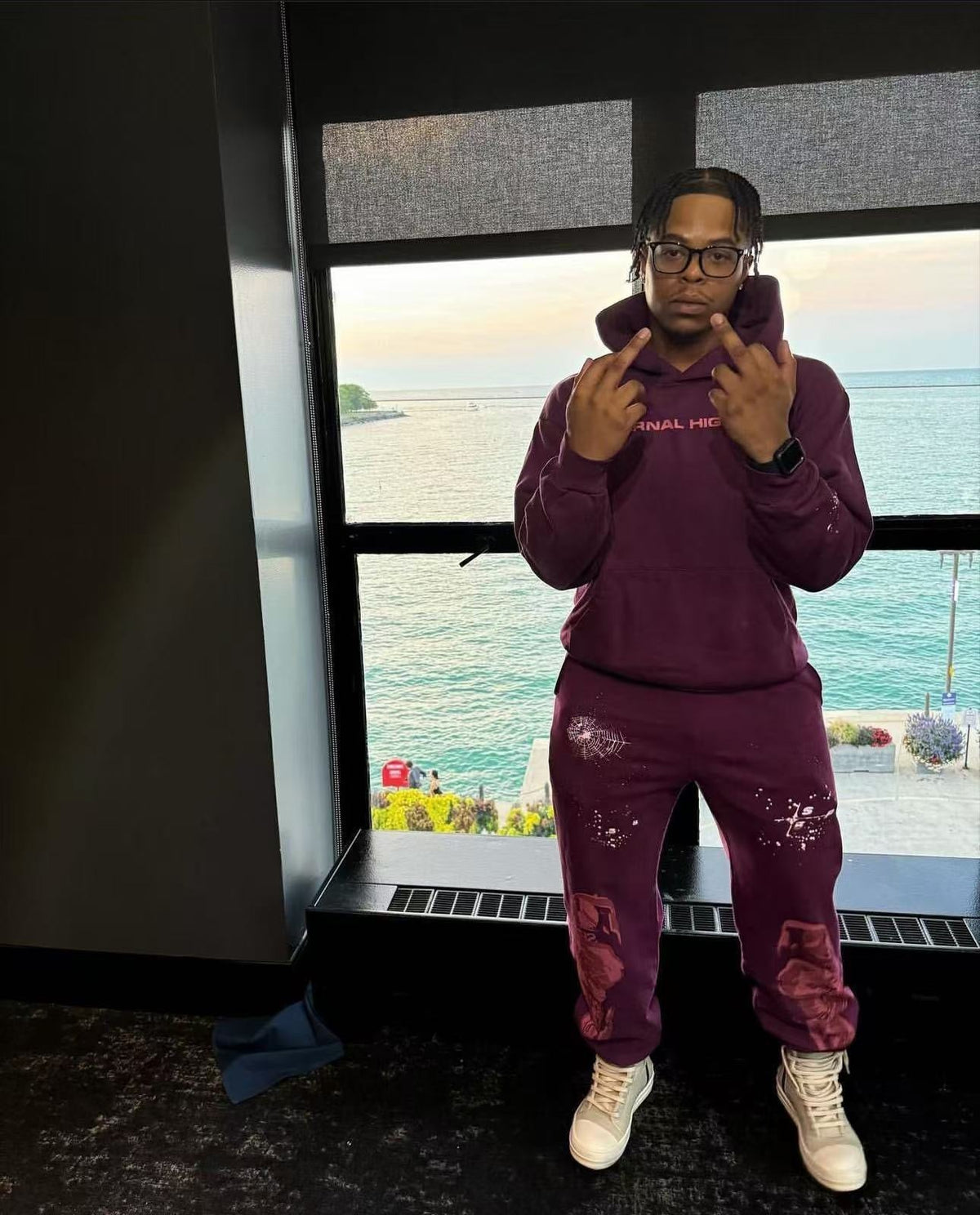 Burgundy Cotton Tonal Print Joggers - Men's