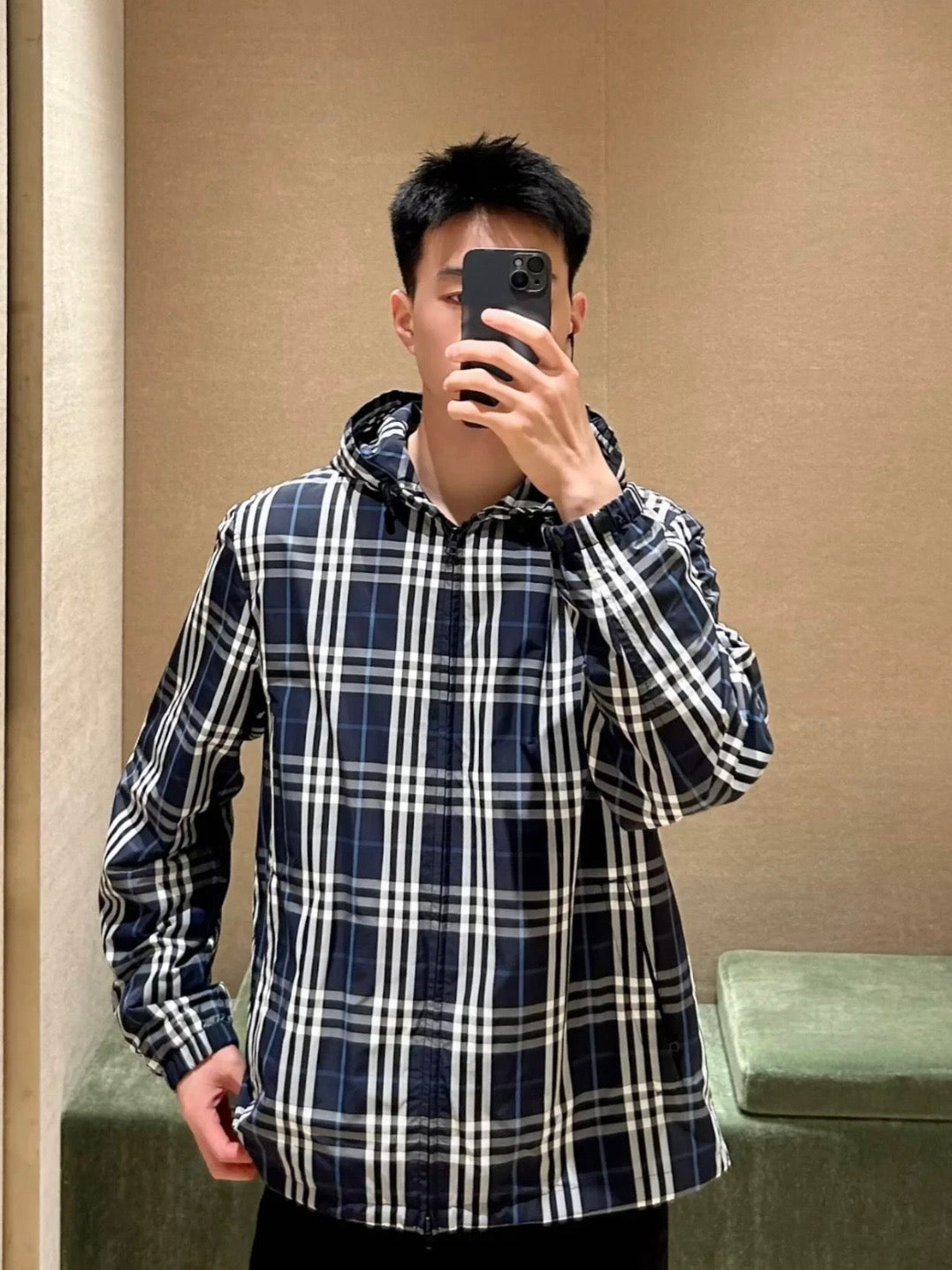 Navy Cotton Check Hooded - Men's