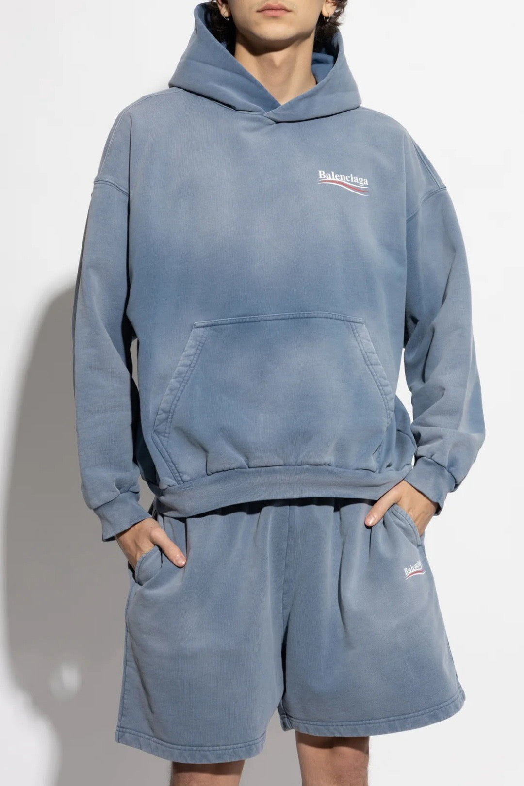 Blue Cotton Washed Logo Pullover - Men's