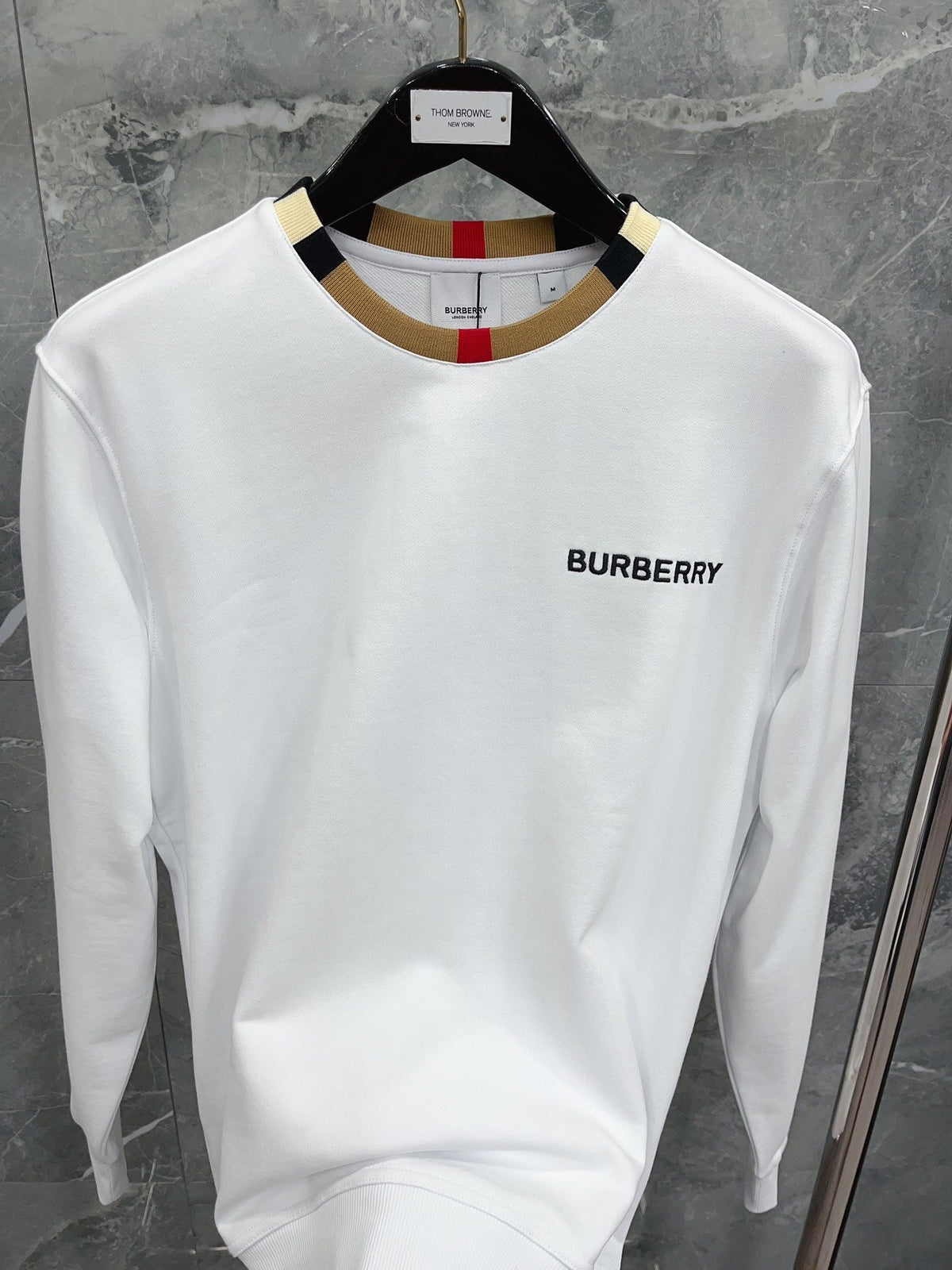 White Cotton Contrast Collar Crewneck - Men's