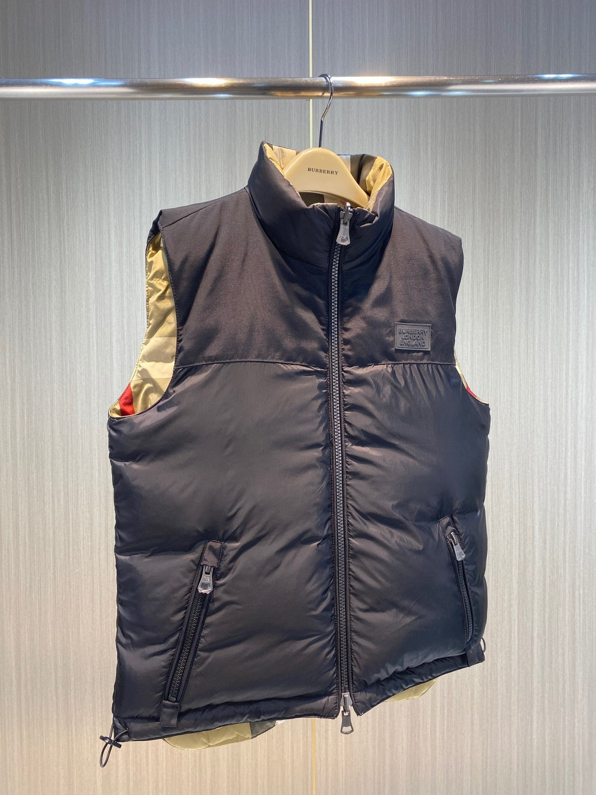 Beige Nylon Check Gilet - Men's