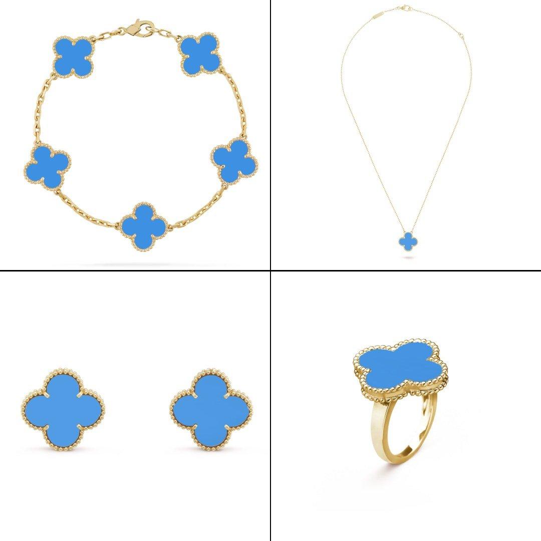 Alhambra Set – these four-leaf clover-inspired lucky icons are outlined with gold beading – LUX VERSE Luxury Designer Fashion Outlet