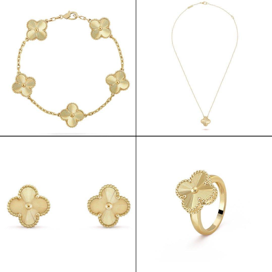 Alhambra Set – these four-leaf clover-inspired lucky icons are outlined with gold beading – LUX VERSE Luxury Designer Fashion Outlet