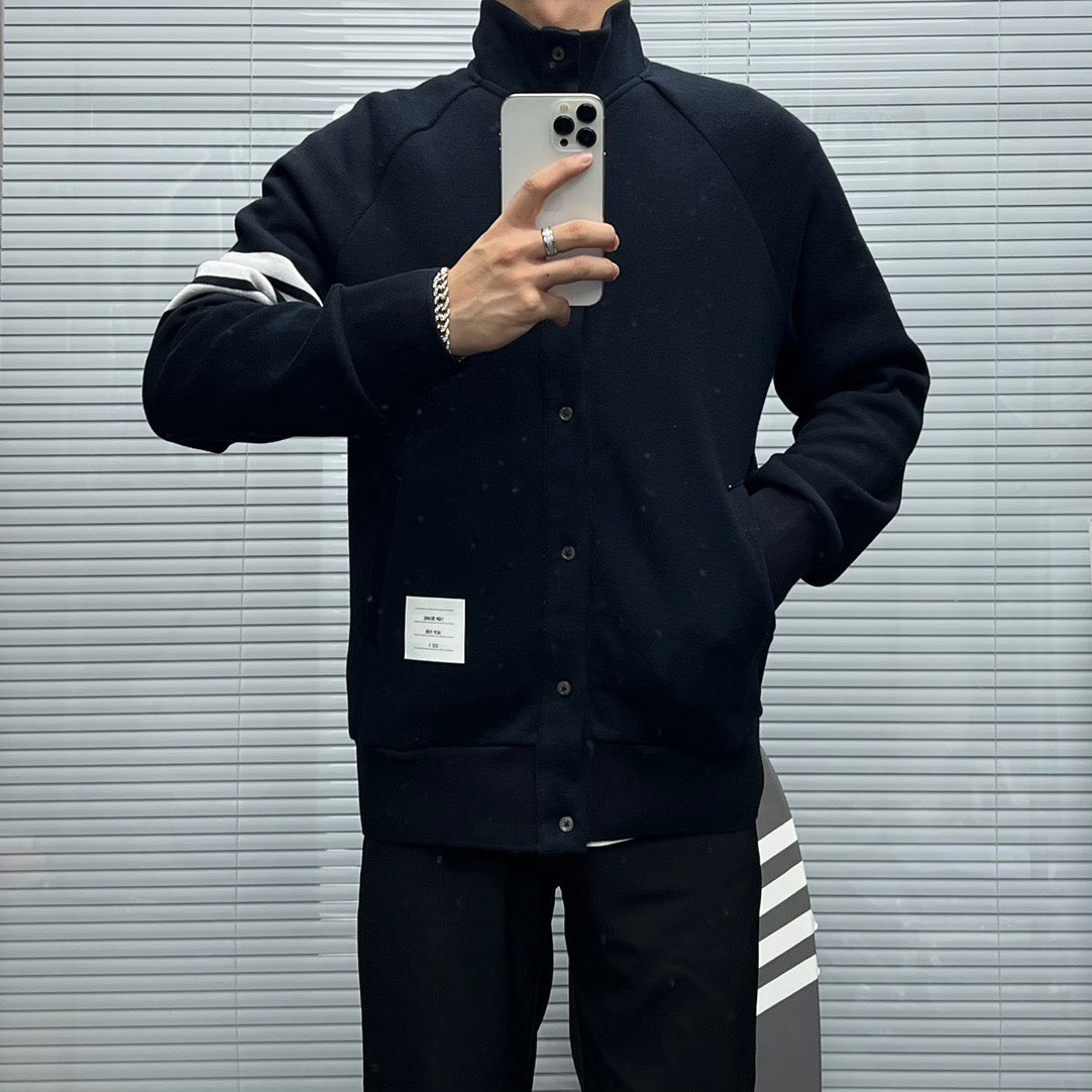 Navy Wool Four-Bar Zip-Through - Men's