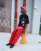 Red Cotton Numeral Print Joggers - Men's