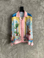 Pink Scenic Print Silk Shirt - Men's