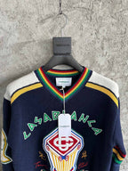 Navy Wool Crest Intarsia Crewneck - Men's