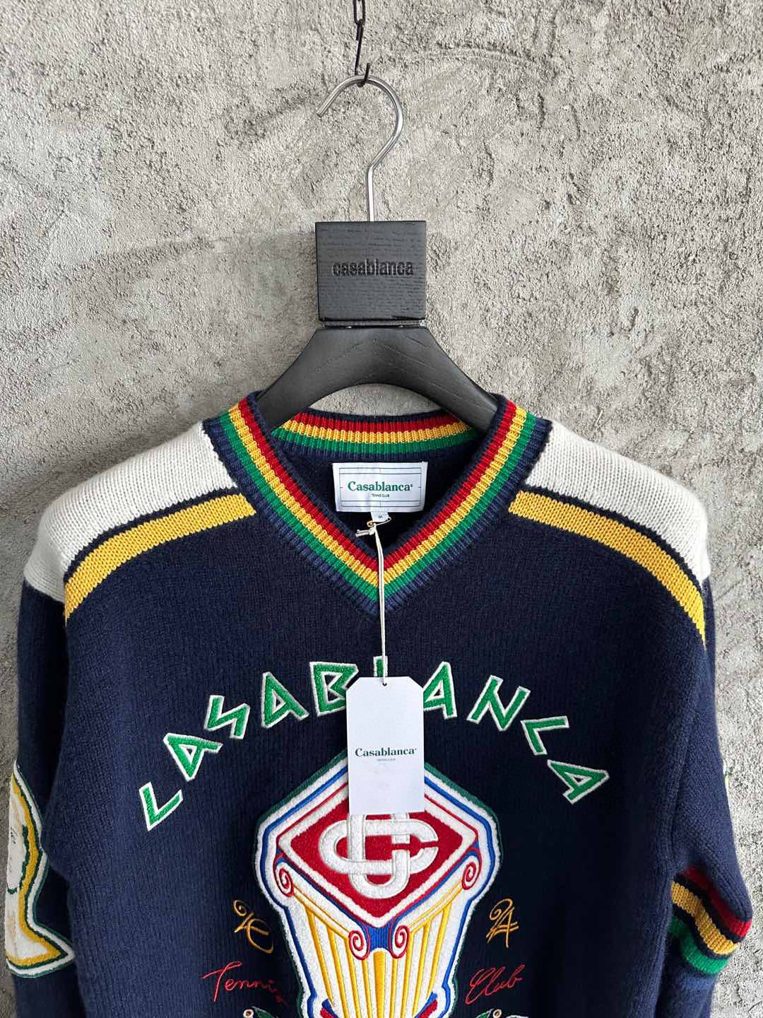 Navy Wool Crest Intarsia Crewneck - Men's