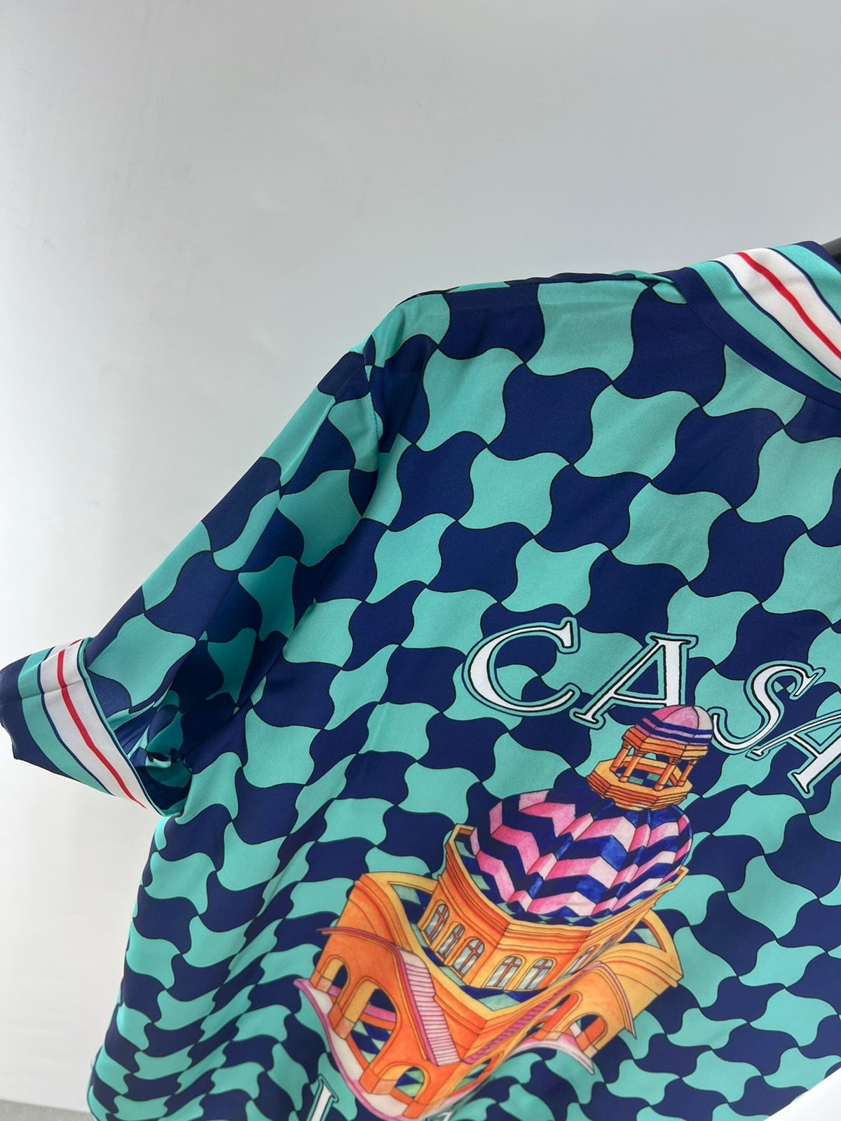 Teal Checkerboard Print Silk Shirt - Men's
