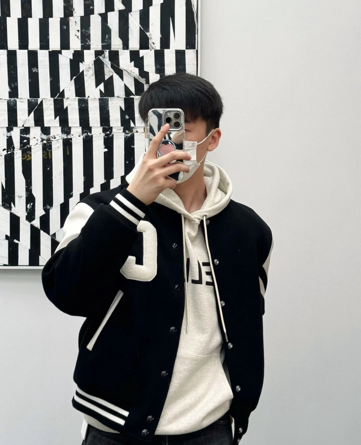 Black Wool Contrast Sleeve Varsity - Men's