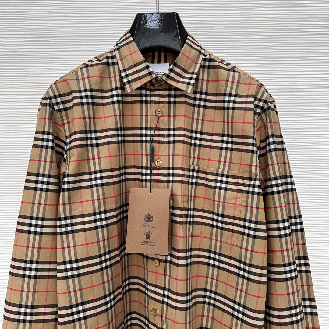 Beige Cotton Vintage Check Long-Sleeve - Men's