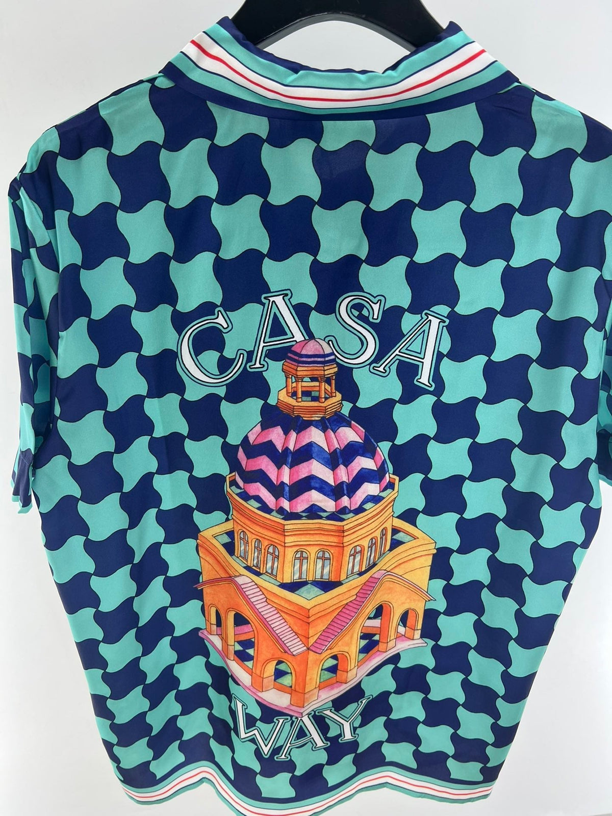 Teal Checkerboard Print Silk Shirt - Men's