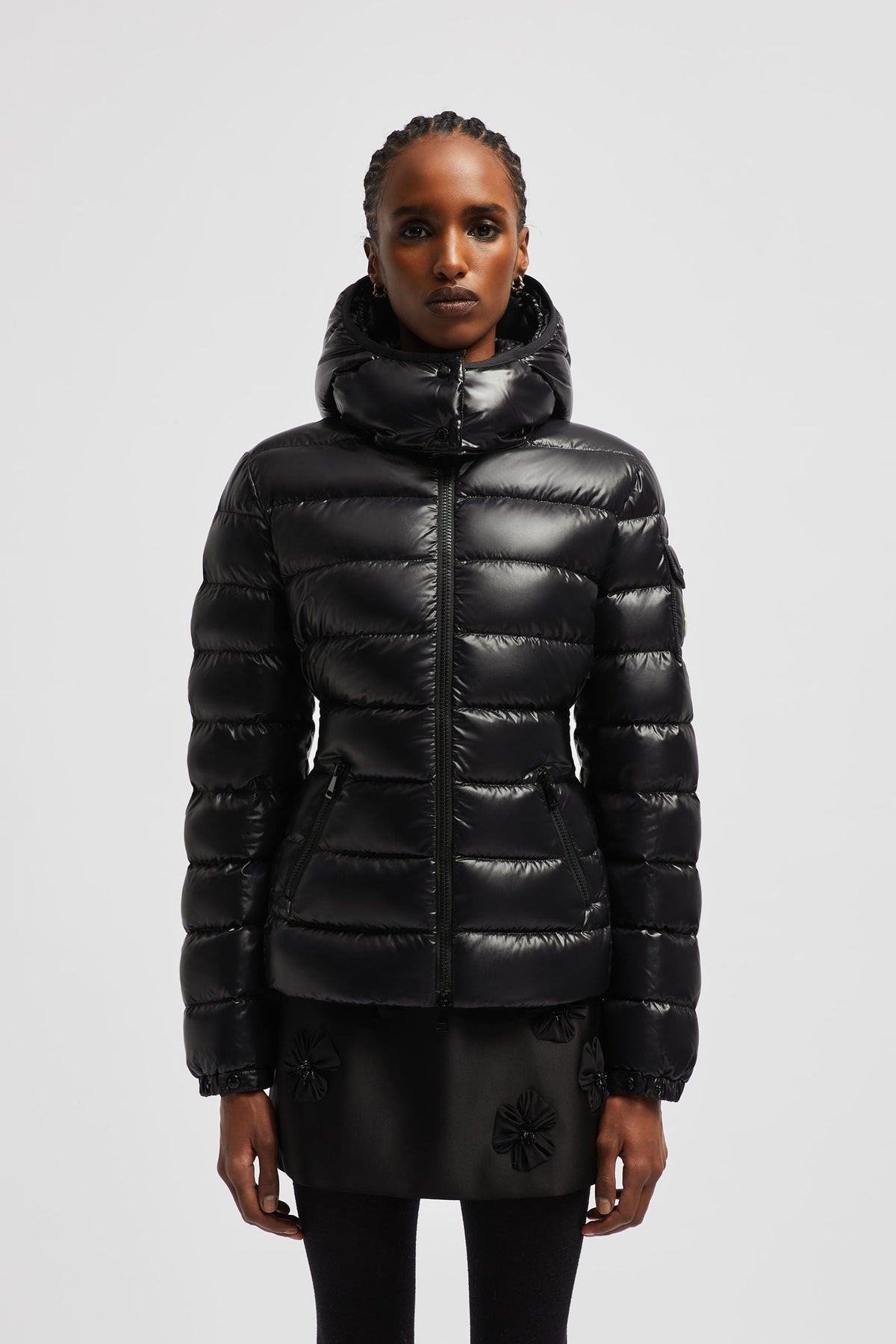 Moncler Bady Short Down Jacket – emblematic of DNA, the Bady down jacket for women is crafted from glossy nylon laqué – LUX VERSE Luxury Designer Fashion Outlet