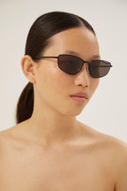 Black metal cat eye sunglasses – metal shade featuring"TAG"concept with lasered lettering – LUX VERSE Luxury Designer Fashion Outlet