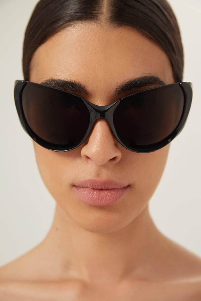 Black wrap around sunglasses – rectangle shape wrapping around the face – LUX VERSE Luxury Designer Fashion Outlet