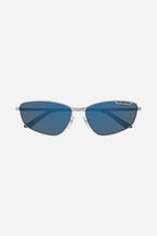 Blue metal cat eye sunglasses – lettering logo, enhanced with enamel, is integrated in the structure – LUX VERSE Luxury Designer Fashion Outlet