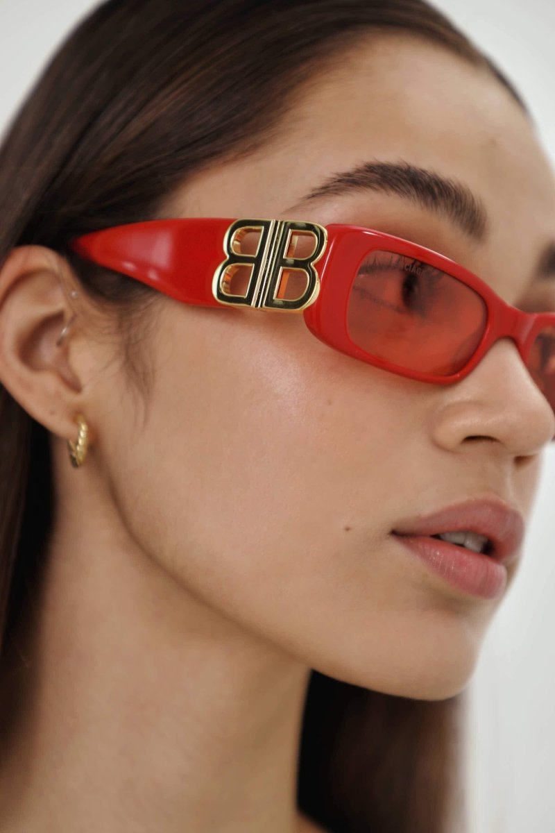 Micro red sunglasses featuring BB logo – featured on Show: statement Sunglasses in acetate with bold outlook yet slim – LUX VERSE Luxury Designer Fashion Outlet