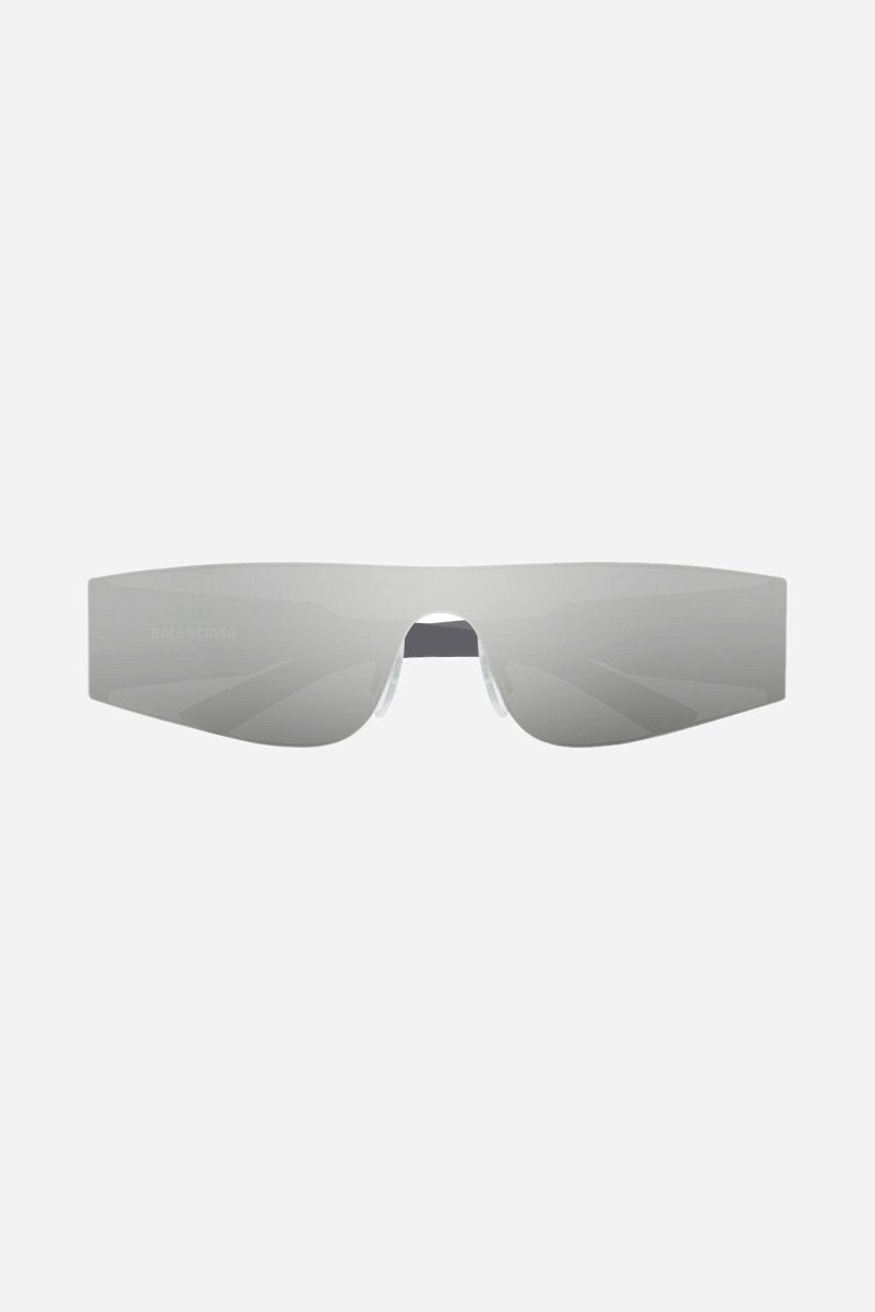 Silver mask with black logo – the style features all over logo on lenses in silver – LUX VERSE Luxury Designer Fashion Outlet