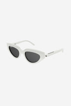 White cat eye sunglasses with black logo – high relief logo on left temple with white padprinting – LUX VERSE Luxury Designer Fashion Outlet